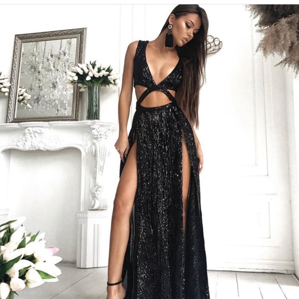 Navy Blue satin deep v high slit dress